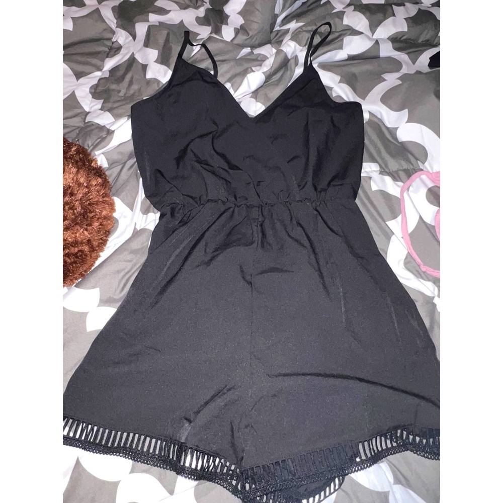 Shein Surplice Neck Eyelet Lace Hem Slip Romper - Black
